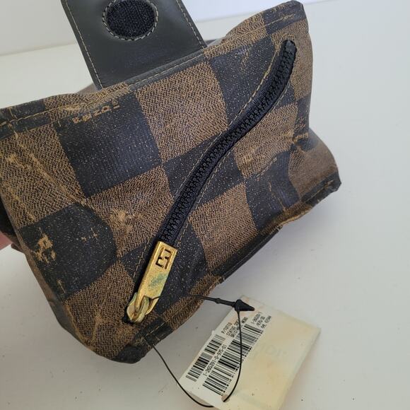 Fendi Plaid Nylon Small Bag Pouch Vintage Handbag Zip Italian Brown Logo - Picture 6 of 10